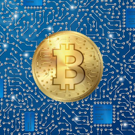 Vector 3D realistic Bitcoin coin.  Bright golden coin with bitcoin symbol and digital pattern background.  Mining conceptのイラスト素材