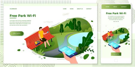 Vector cross platform illustration set, browser and mobile phone -  man on a bench, on bright summer background with pond and trees. With place for your textのイラスト素材