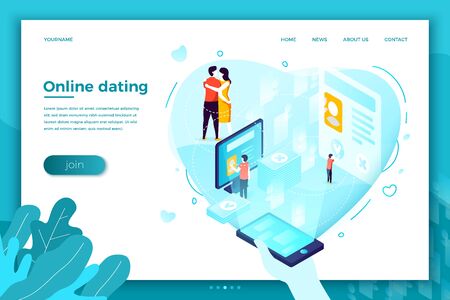 Vector concept illustration - online dating mobile application, from search to kisses. Modern bright banner, site template with place for your text.のイラスト素材