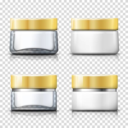 Vector set of 3d realistic transparent glass jar for moisturizing cream. Mock-up for product package branding. On plaid background.のイラスト素材