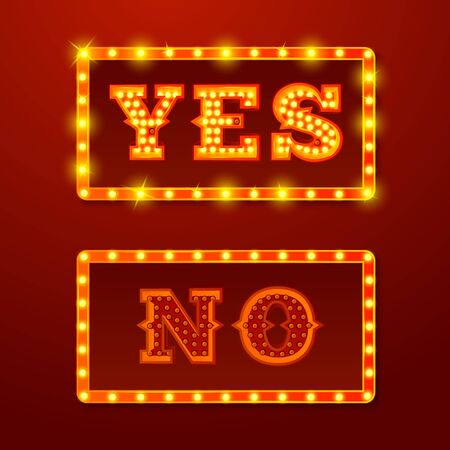 Vector realistic set of glowing Yes and No signs with lamps on red background.のイラスト素材