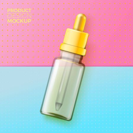 Vector 3d realistic glass dropper on bright modern paper background with slight texture. Mock-up for product package branding.のイラスト素材