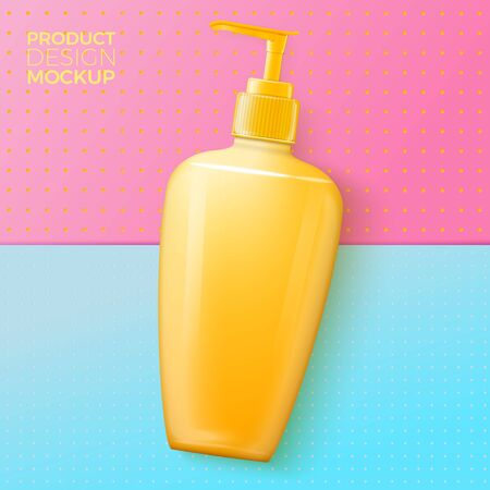 Vector 3d realistic shampoo pump bottle on bright modern paper background with slight texture. Mock-up for product package branding.のイラスト素材