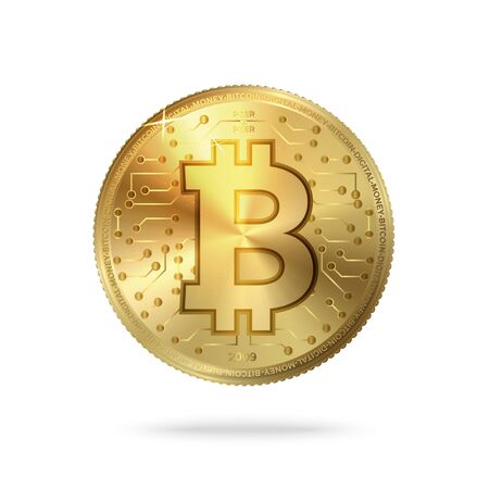 Vector 3D realistic Bitcoin coin.  Bright golden coin with bitcoin symbol and digital pattern isolated on white background.のイラスト素材