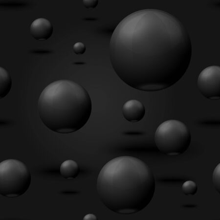 Vector 3D realistic seamless pattern with black marble balls, flying in the air, isolated on dark background.のイラスト素材