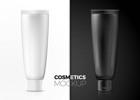 Vector set - 3d realistic toothpaste tubes, standing on the caps, isolated on black and white backgrounds. Mock-up for product package branding.のイラスト素材