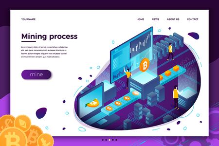 Vector concept illustration -  cryptocurrency mining process, transporter with bitcoins. Modern bright banner, site template with place for your text.のイラスト素材