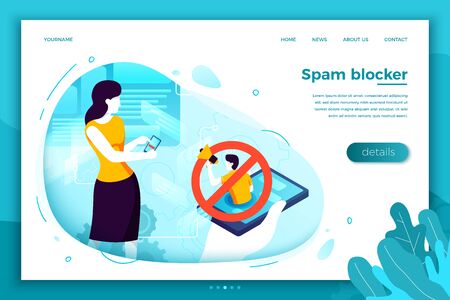 Vector concept illustration -  girl with mobile phone, blocking spam,. Modern bright banner, site template with place for your text.のイラスト素材