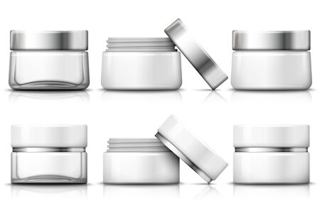Vector set of 3d realistic jar for moisturizing cream. Transparent glass, plastic white, open jar. Mock-up for product package branding. On white background.のイラスト素材