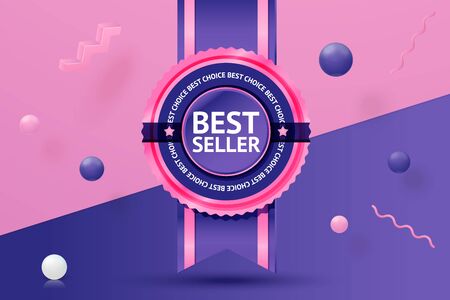 Vector 3d realistic best seller sticker on abstract scene with text, violet, pink and white balls and objects.のイラスト素材