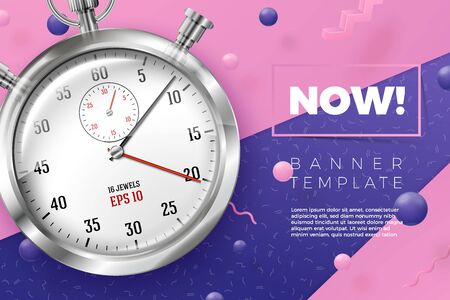 Vector 3d realistic stop watch banner on abstract scene with place for text. Violet, pink and white balls and objects.のイラスト素材