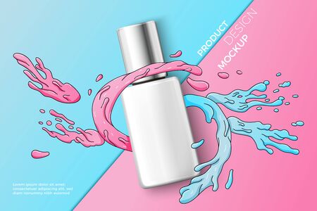 Vector 3d realistic cosmetic nail polish bottle on bright modern paper background with doodle splashes. Mock-up for product package branding.のイラスト素材