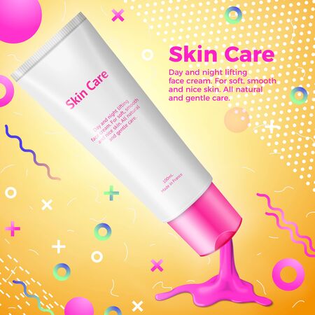 Vector bright cream advertisement with abstract memphis style radiant gradient liquid and geometric shapes.のイラスト素材