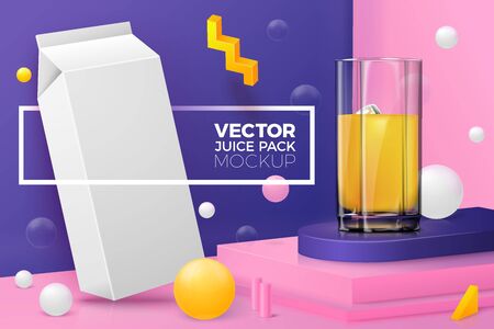 Vector 3d realistic corner wall abstract scene with juice box, glass, text and border, podium, pink, white and violet balls and objects.のイラスト素材