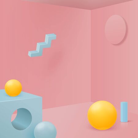 Vector 3d realistic corner wall abstract scene with geometric shapes, for product presentations. Pink, blue and yellow soft pastel colors.