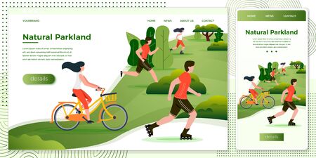 Vector cross platform illustration set, browser and mobile phone  - bicycle riding, running, rolling people in park and trees on background. Banner, site, poster template with place for your text.のイラスト素材