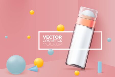 Vector 3d realistic abstract corner scene with text and border around deodorant bottle.  Soft pink, blue, yellow and white colors, with geometric shapes.のイラスト素材