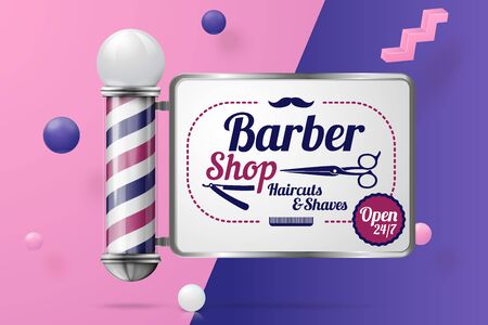 Vector 3d realistic barber pole abstract scene with text and border, violet, pink and white balls and objects.のイラスト素材