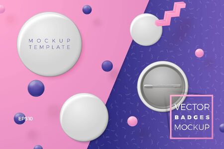 Vector 3d realistic badges abstract scene with text and border, violet, pink and white balls and objects.のイラスト素材