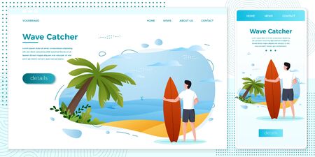 Vector cross platform illustration set - surfing man on a beach. Palm, sand, ocean on background. Browser and mobile phone template with place for your text.のイラスト素材