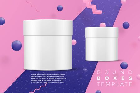 Vector 3d realistic boxes abstract scene with text, violet, pink and white balls and objects.のイラスト素材
