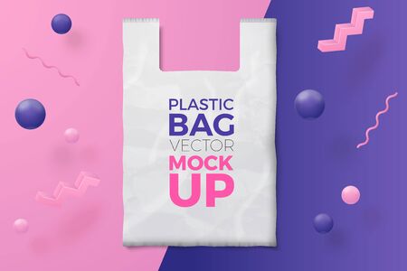 Vector 3d realistic abstract scene with plastic bag and text, violet, pink and white balls and objects.のイラスト素材