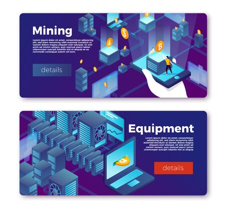 Vector cryptocurrency mining equipment banner templates set. Hand with mobile coins and data servers with money comes out of laptop. With place for your text.のイラスト素材