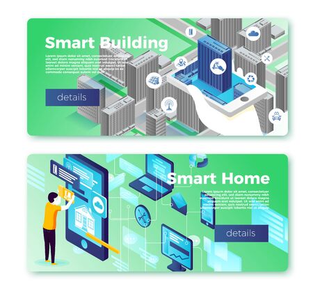 Vector smart home and building banner templates set. Man with phone control infrastructure. With place for your text.のイラスト素材