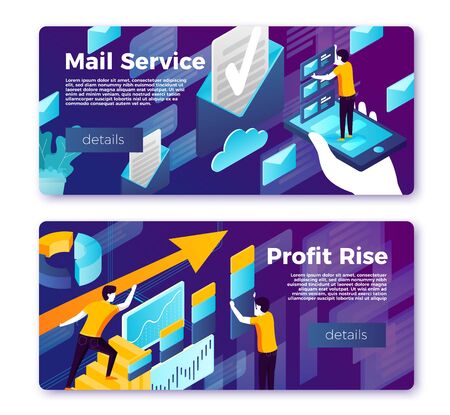 Vector mail service and profit rise banner templates set. Man looking for letter and team work on financial growth with arrow. With place for your text.のイラスト素材