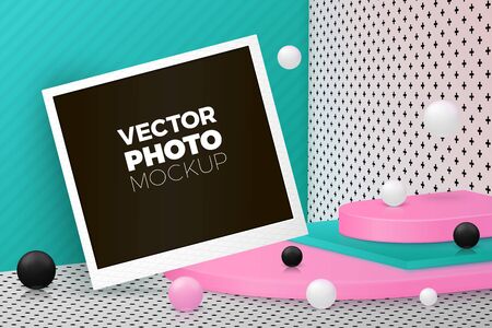 Vector 3d realistic corner wall abstract scene with photo card, text, podium, pink, white, black and green balls and objects.のイラスト素材