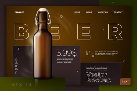 Vector realistic 3d retro beer bottle on dark site template. Mock-up for product package branding.のイラスト素材