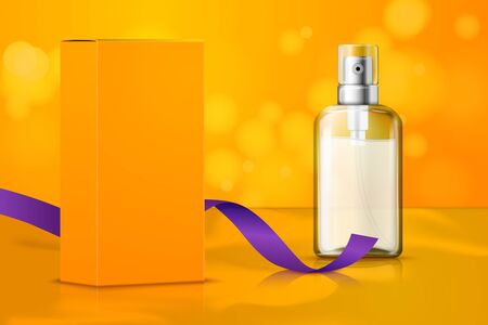 Vector bright realistic set up for cosmetics package branding, white spray bottle, orange box and ribbon on trendy modern background.のイラスト素材
