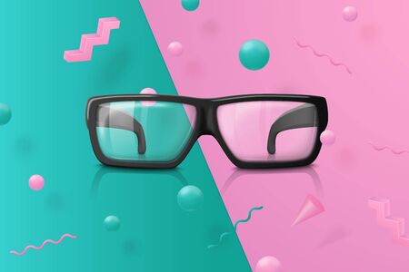 Vector 3d realistic transparent glasses on abstract scene with pink, green and white balls and...