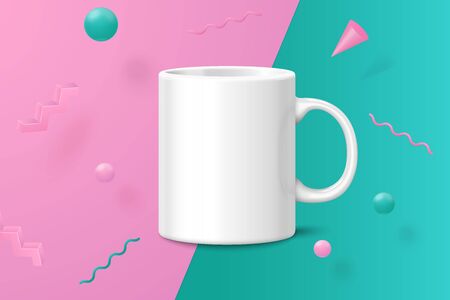 Vector 3d realistic white cup abstract scene with pink, green and white balls and objects.のイラスト素材