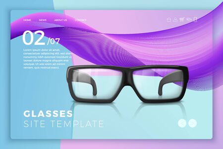 Vector 3d realistic transparent glasses isolated on bright modern site template with typographic background. Mock-up for product package branding.のイラスト素材