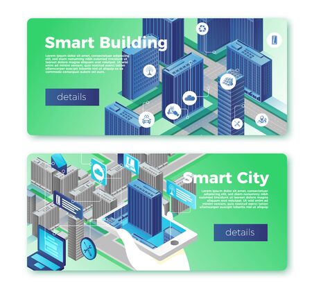 Vector smart city and building banner templates set. Hand with phone control infrastructure on urban map. With place for your text.のイラスト素材