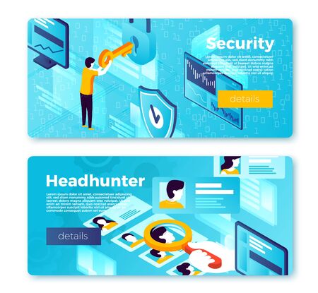 Vector set of bright banner templates with internet security system and head hunter working process. With place for your text.のイラスト素材