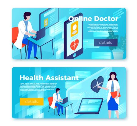 Vector online health consulting banner templates concept, mobile app and doctor call, cosulting woman. With place for your textのイラスト素材