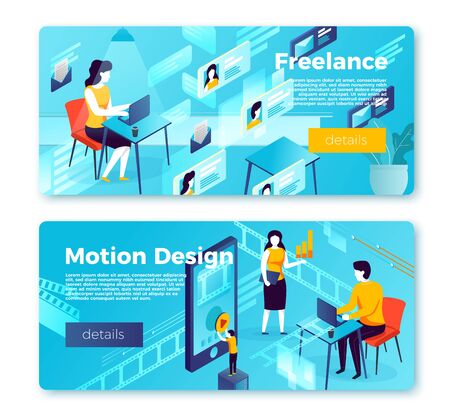 Vector set of bright banner templates with girl freelancer and motion design studio working process. With place for your text.のイラスト素材