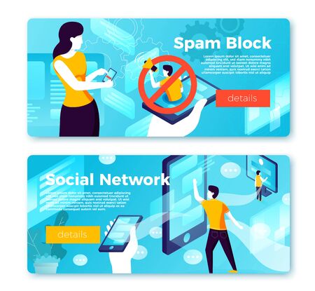 Vector internet spam block and social network user banner templates concept, girl and man with phone online. With place for your textのイラスト素材