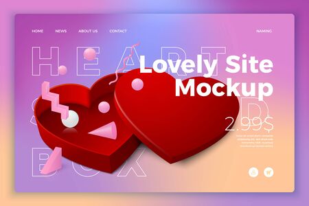 Vector realistic 3d red heart shaped box isolated on bright modern site template with typographic background. Mock-up for product package branding.のイラスト素材
