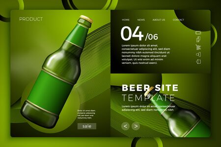 Vector realistic 3d green beer bottle on bright modern site template with typographic background. Mock-up for product package branding.のイラスト素材