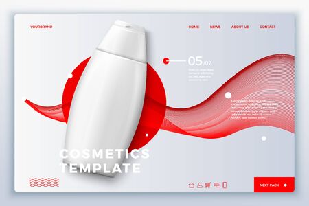 Vector 3d realistic shampoo bottle on modern site template with typographic background. Mock-up for product package branding.のイラスト素材