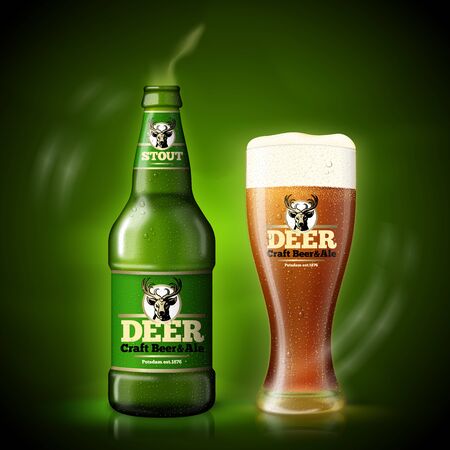 Vector Beer template, green bottle and beer glassのイラスト素材