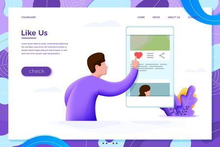 Vector illustration like us concept - man checking phone and like photo, isolated on white background. Banner, site, poster template with place for your text.のイラスト素材