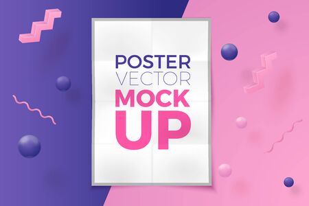 Vector 3d realistic poster abstract scene with text, violet, pink and white balls and objects.のイラスト素材