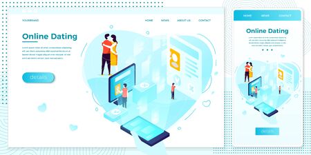 Vector cross platform illustration set, browser and mobile phone - online dating mobile application, from search to kisses. ..Modern bright banner, site template with place for your textのイラスト素材
