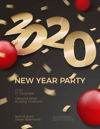 Vector 3d realistic New Year Party invitation with gold foil paper number 2020 laying on black surface, with red balls, confetti, shadows, perspective and blur.のイラスト素材