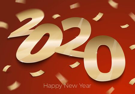 Vector realistic bright golden foil paper number 2020 laying on red surface, with shadows, perspective and blur. With falling confetti.のイラスト素材