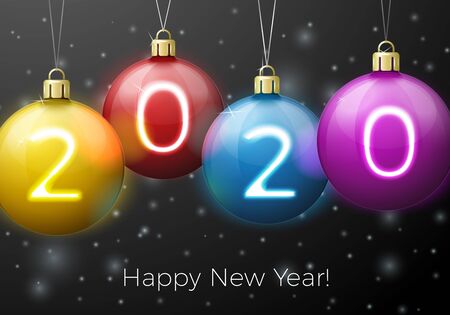 Vector New Year Banner template with bright balls and numbers 2020 on winter night background.のイラスト素材